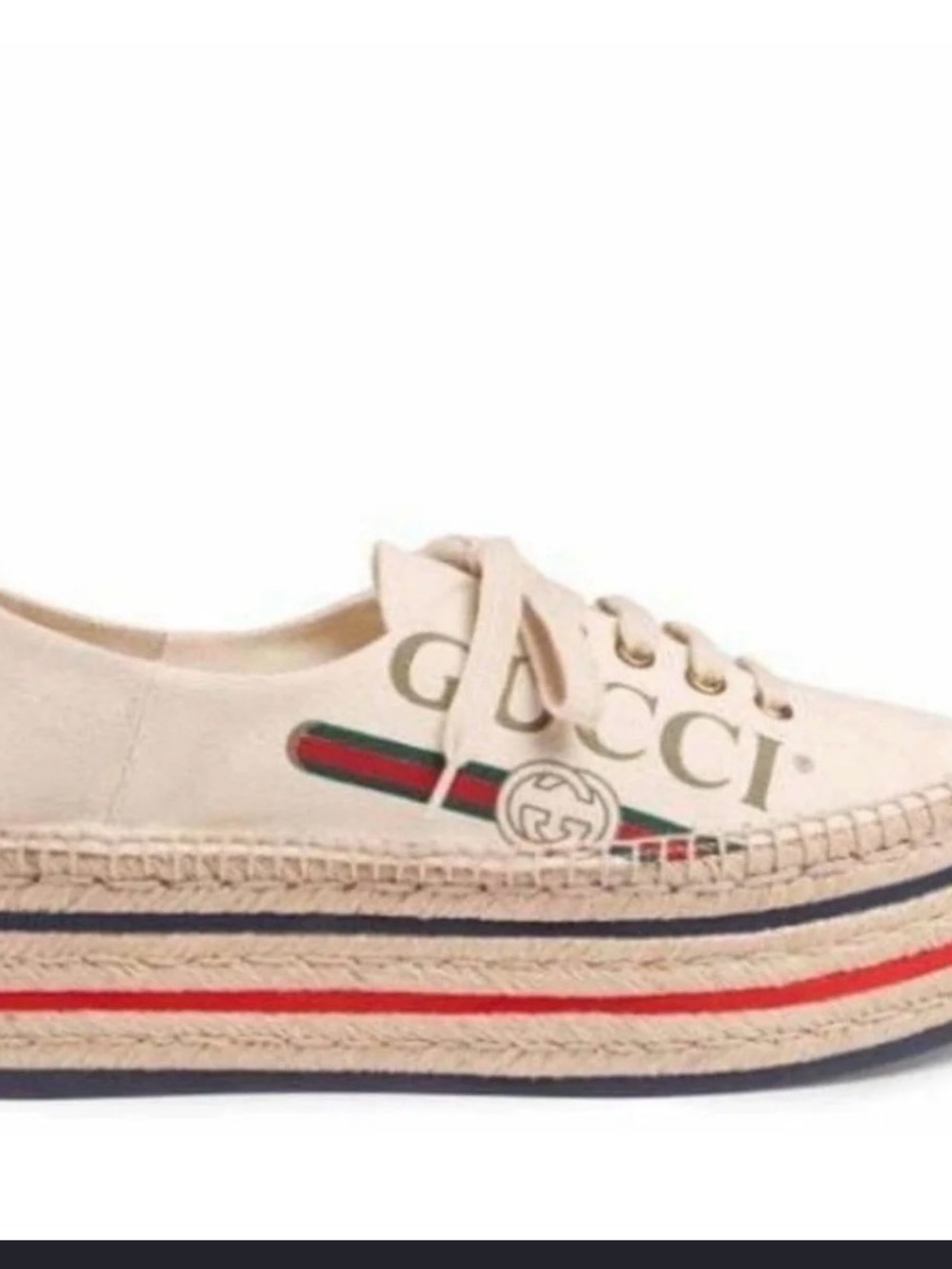 Gucci Beige Canvas Platform Espadrille with Green-Red Web